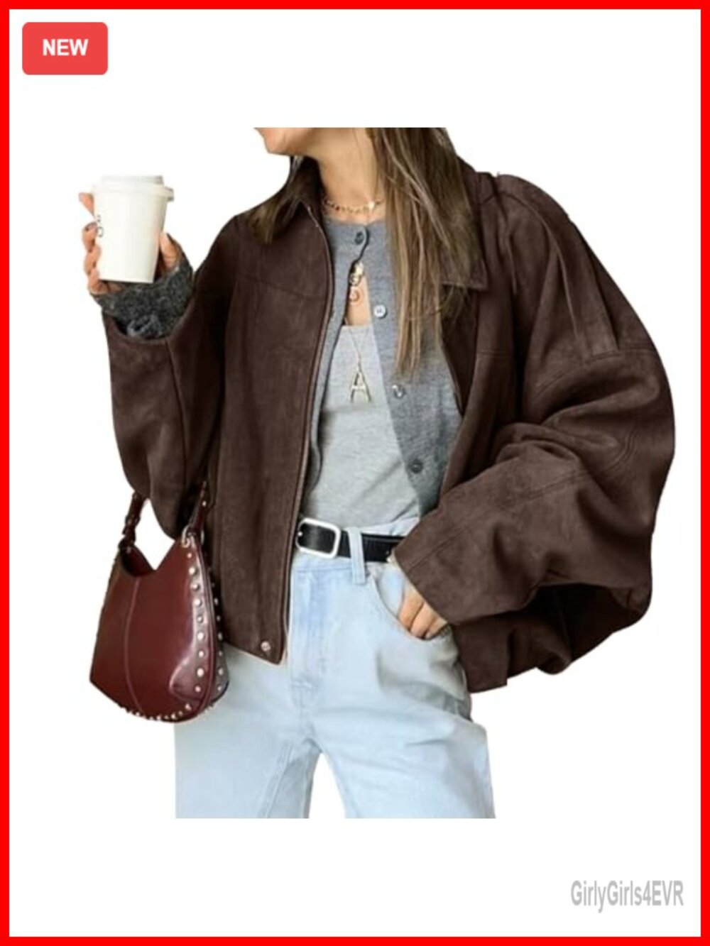 Faux Suede Bomber Jacket Zip Loose Fit Casual Y2K Outerwear Coat